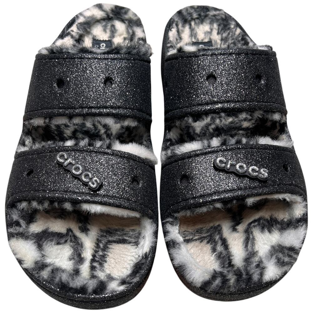 CROCS Classic Cozzzy Disco Glitter Sandal Men 13 Comfort Zebra Fur Lining 208074 - Picture 8 of 15